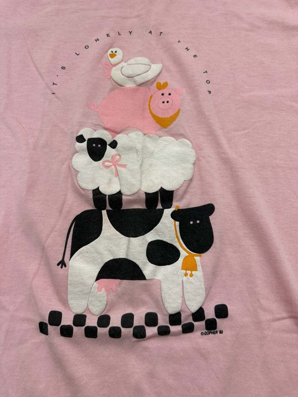 Vintage 1983 Gopher It's Lonely At The Top Stacked Farm Animal T-Shirt